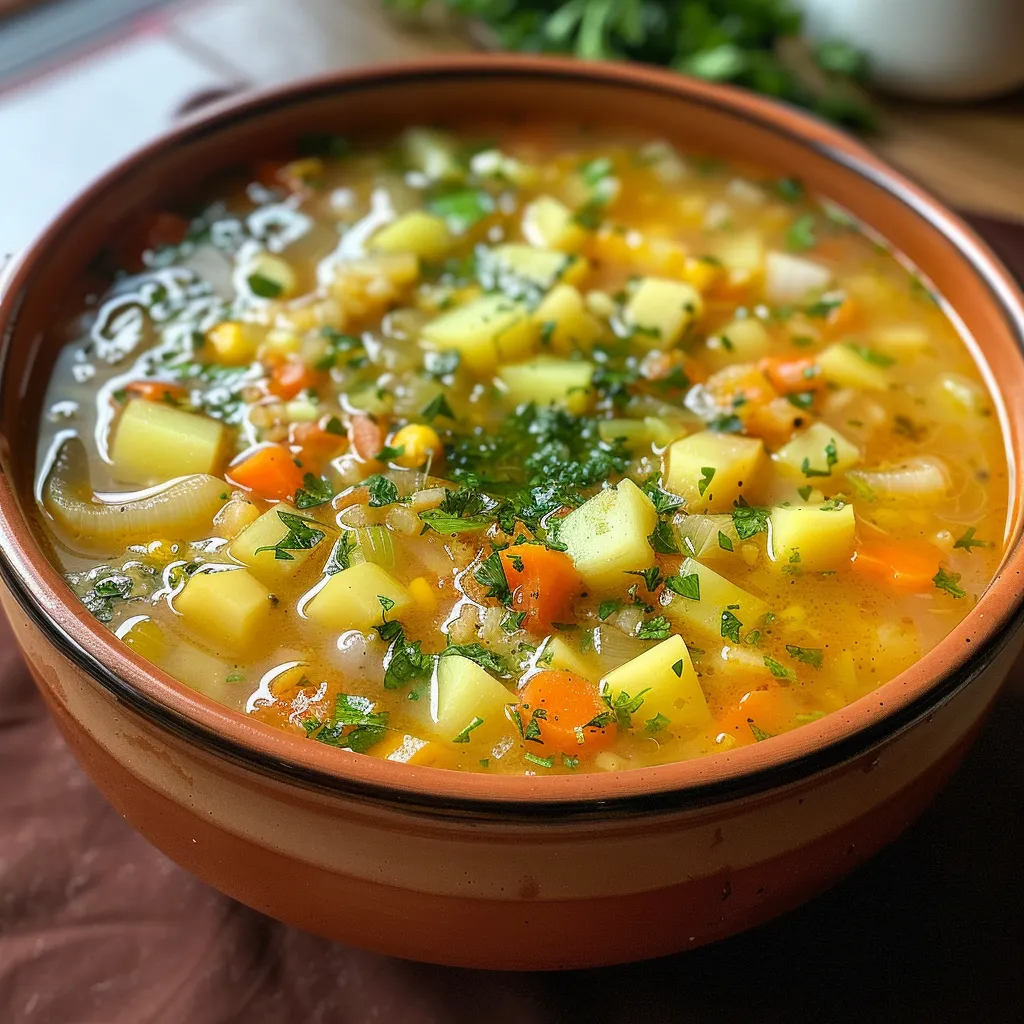 Tazón de sopa de verduras con colores vibrantes y textura apetitosa.
