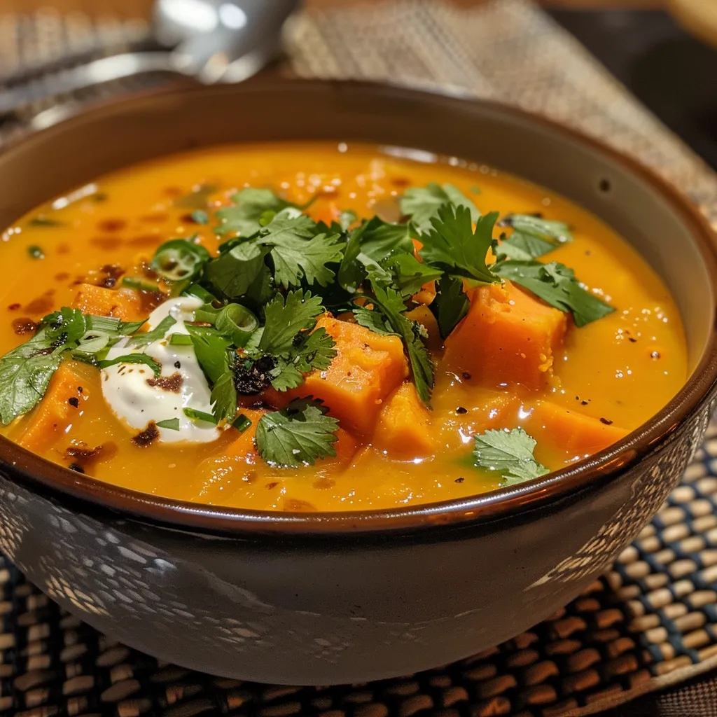 Sopa de zanahoria y jengibre cremosa en un tazón de cerámica, decorada con cilantro y rodajas de lima.