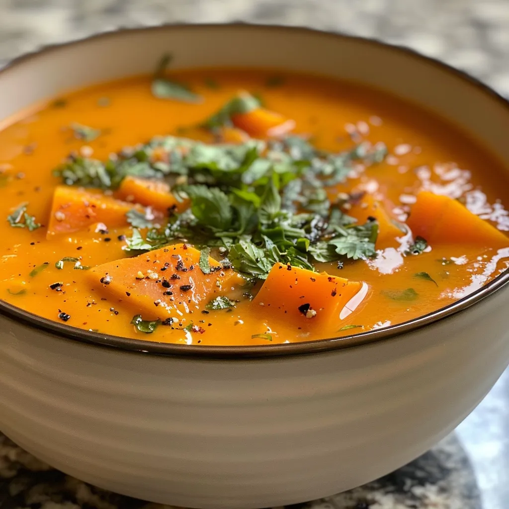 Primer plano de un delicioso plato de sopa de zanahoria y jengibre, con un toque de crema y especias.