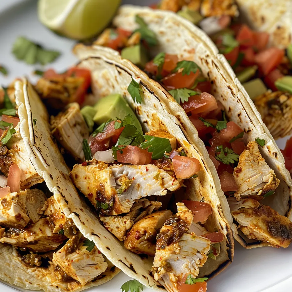 Primer plano de tacos de pollo saludables con salsa en un plato.