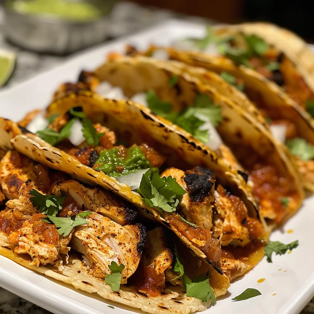Tacos de pollo jugosos con ingredientes frescos, preparados en una olla de cocción lenta.