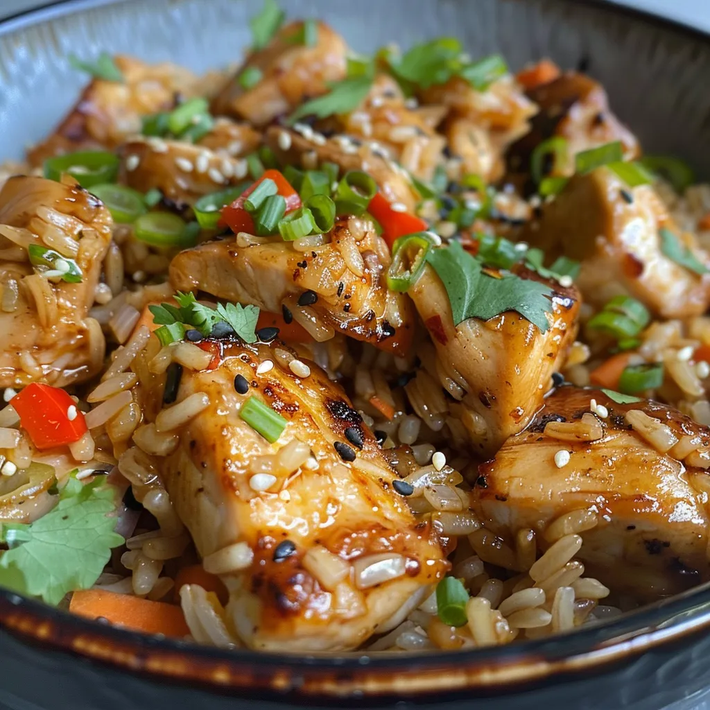 Tazón de arroz con pollo teriyaki, decorado con semillas de sésamo y cebollines.