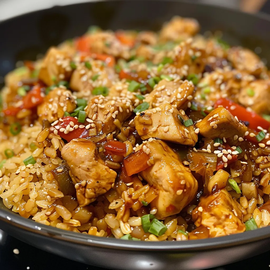 Primer plano de un tazón de arroz con pollo teriyaki y verduras al vapor.