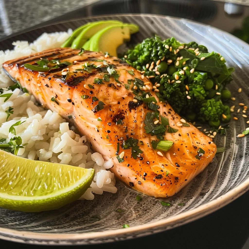 Tazón energizante con salmón, arroz integral, espinaca y aguacate en un plato.