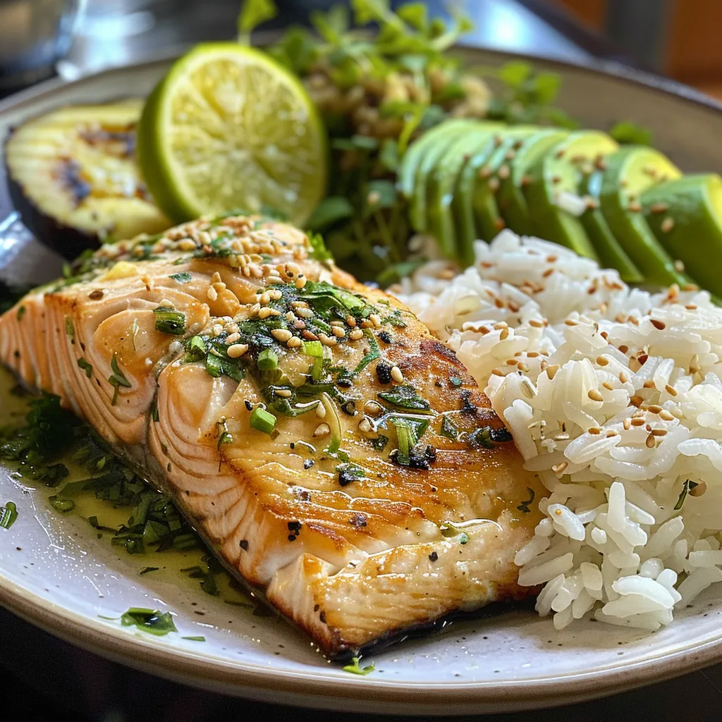 Primer plano de un tazón con salmón, espinaca, arroz y aguacate.