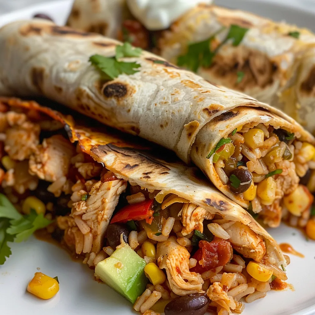 Tazón de burrito de pollo con ingredientes frescos y coloridos.