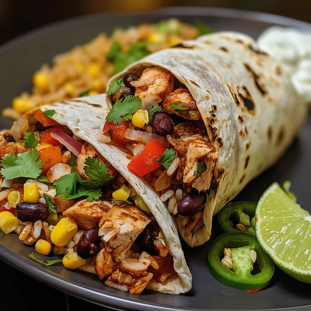 Enfoque cercano de un tazón de burrito de pollo con arroz y verduras.