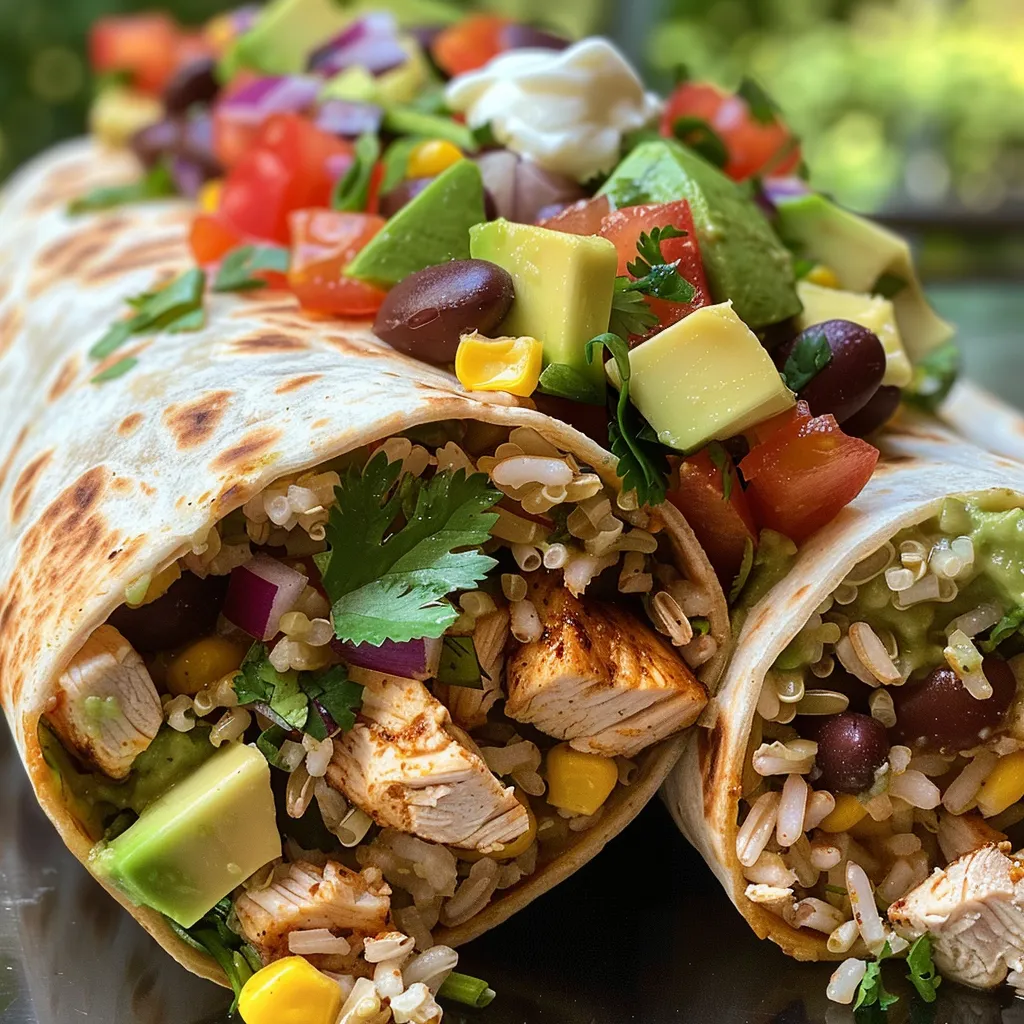 Tazón de burrito de pollo alto en proteínas con ingredientes frescos y coloridos.