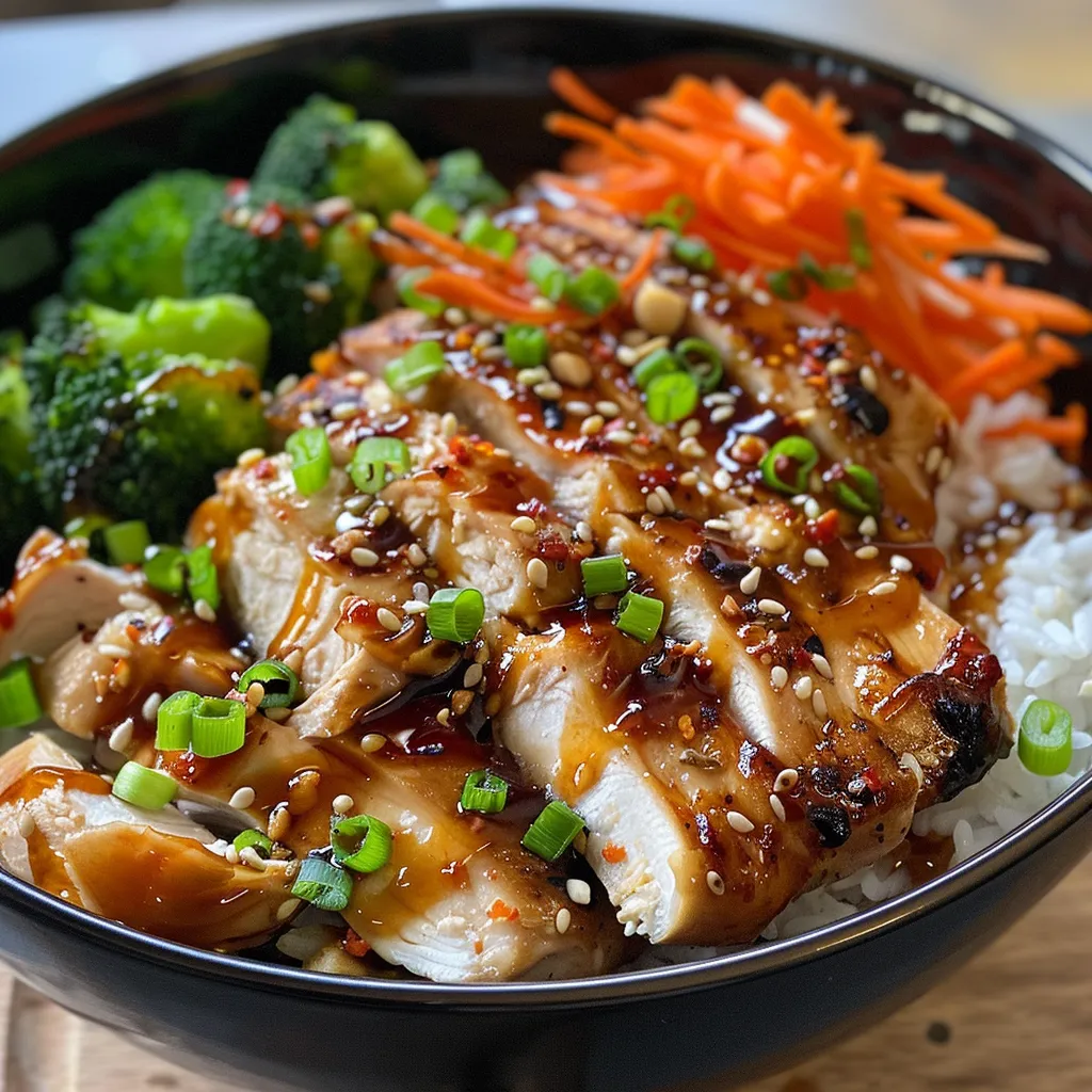 Tazón de Pollo Teriyaki con arroz y verduras, visto de lado.