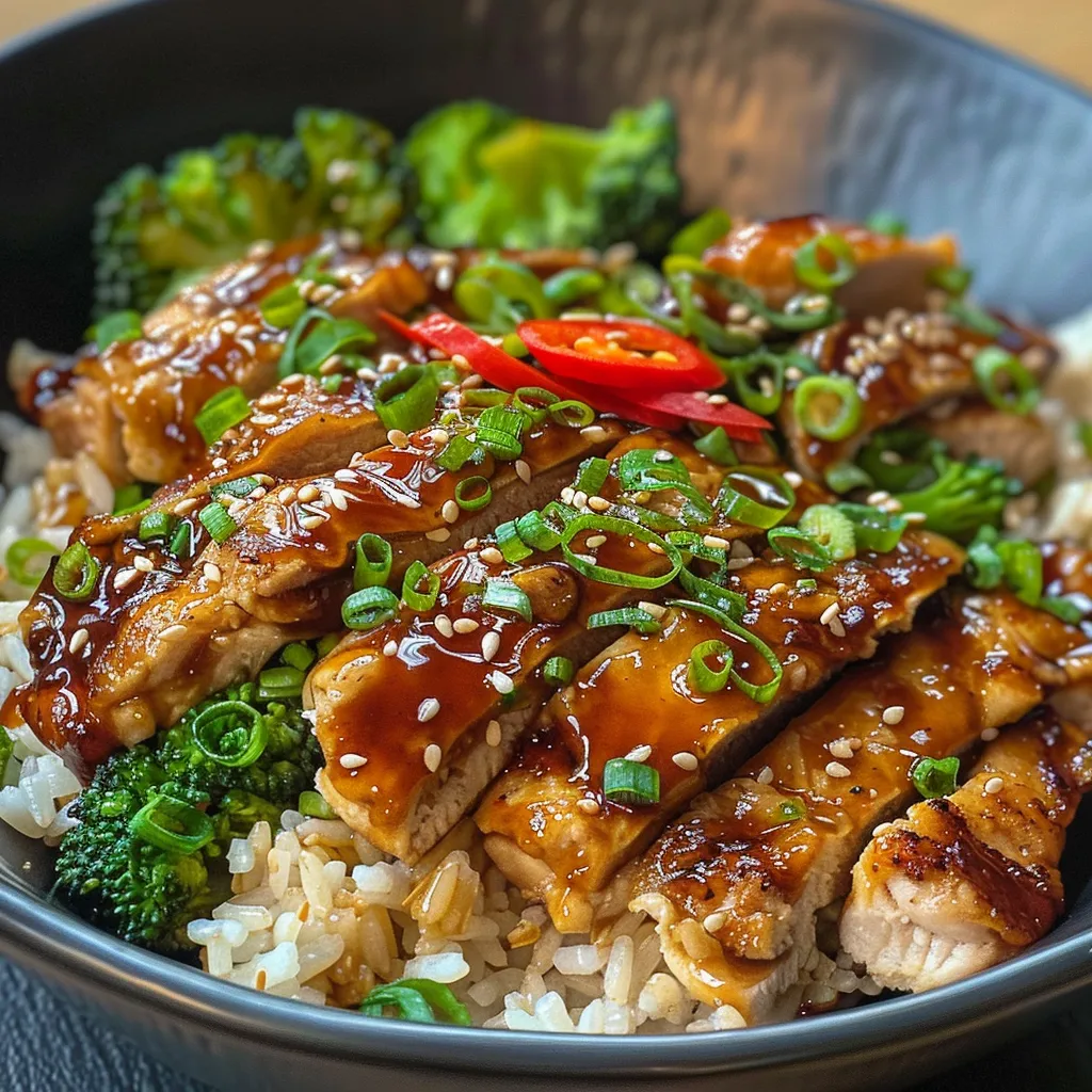Placa de pollo teriyaki sobre arroz, con brócoli y pimiento rojo.