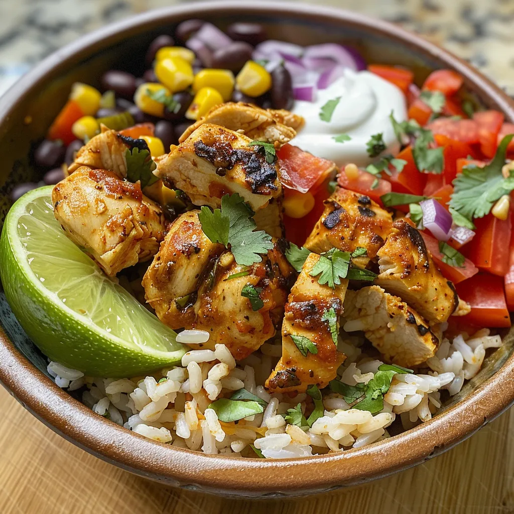 Tazón Mexicano de Pollo y Arroz con ingredientes frescos y coloridos.
