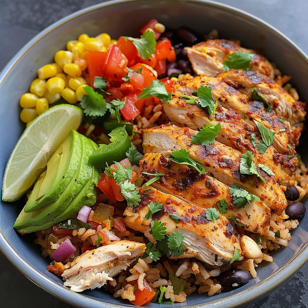 Plato de pollo y arroz con guarniciones de aguacate y cilantro.