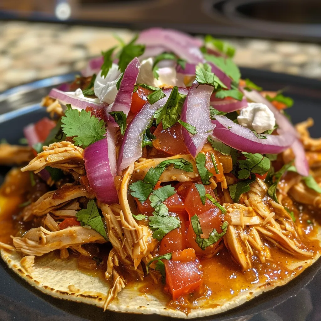 Tinga de pollo served on tostadas with colorful toppings.