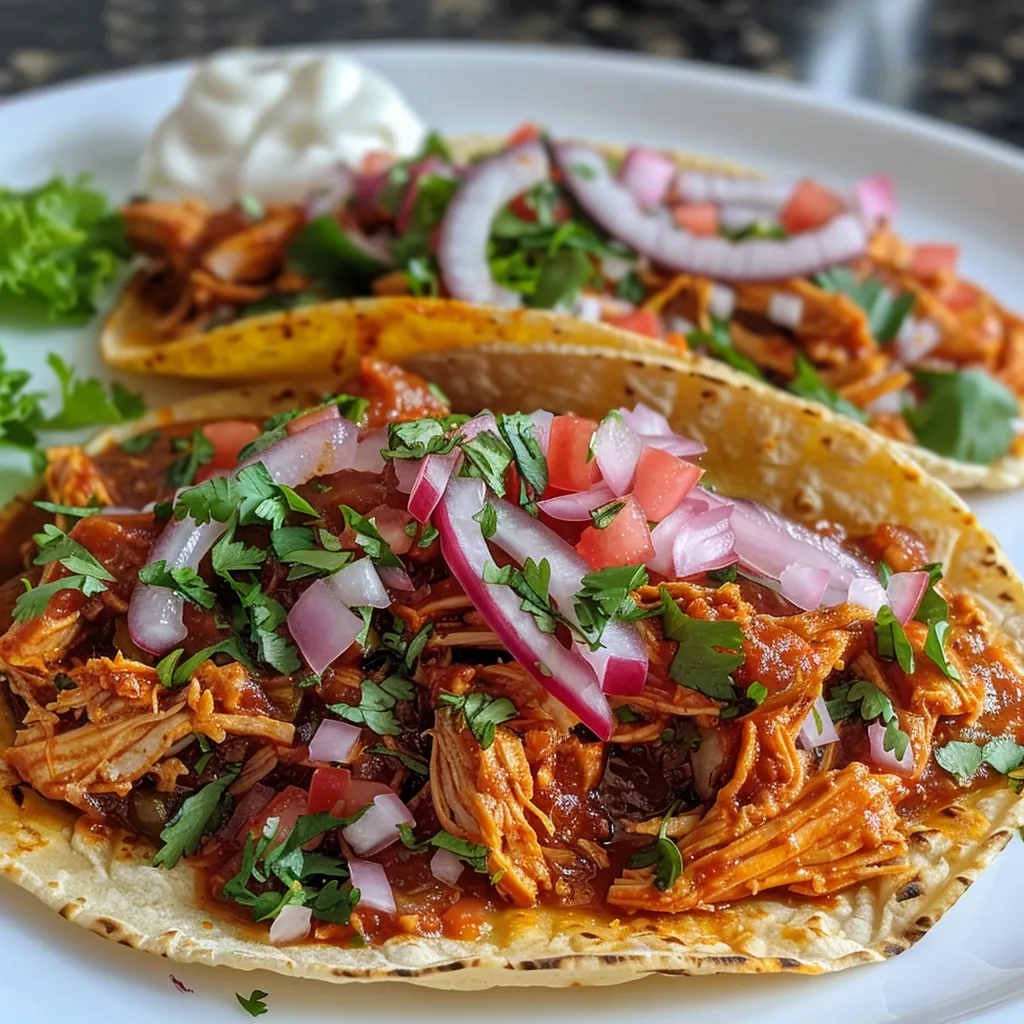 Close-up of a tostada topped with juicy tinga de pollo and fresh garnishes.