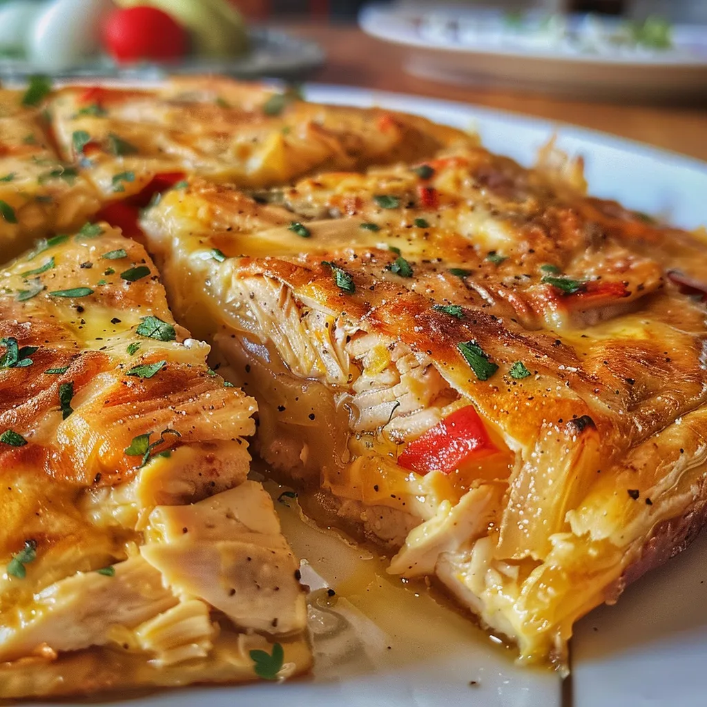 Primer plano de una Tortilla de Pollo dorada y jugosa, cortada en porciones.