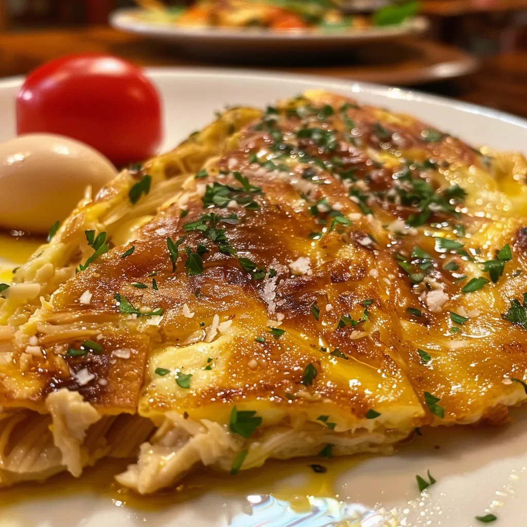 Vista lateral de una Tortilla de Pollo, mostrando su textura appetitosa y ingredientes frescos.