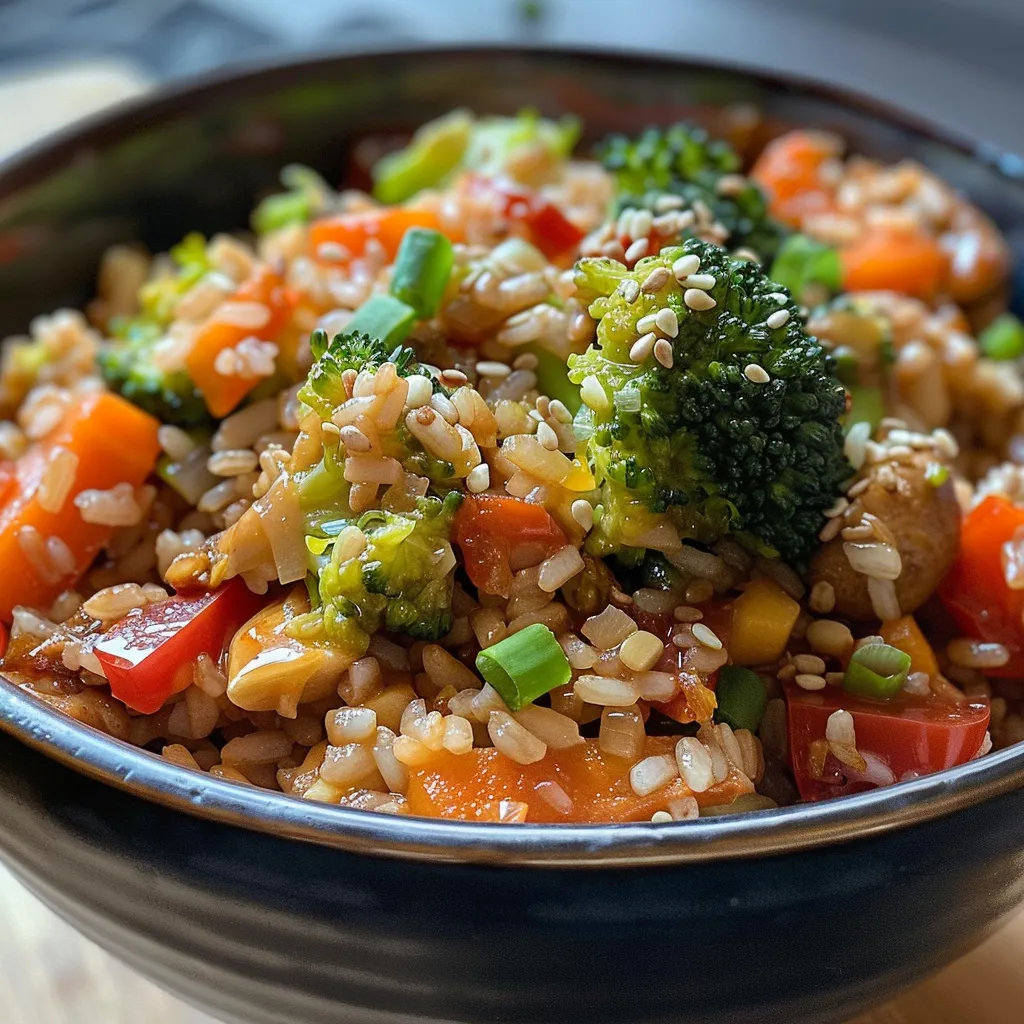 Primer plano de un wok con arroz integral y verduras coloridas.