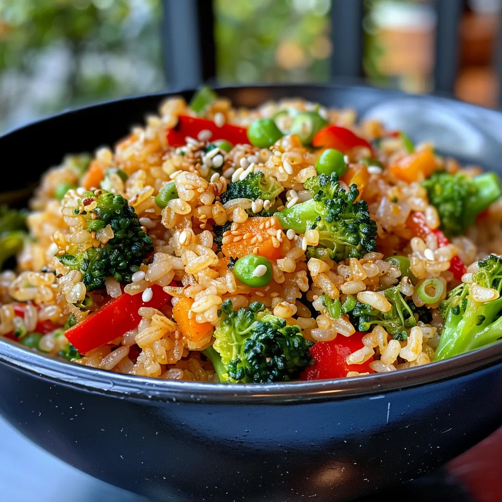 Wok con arroz integral, pimientos y brócoli en vista lateral.