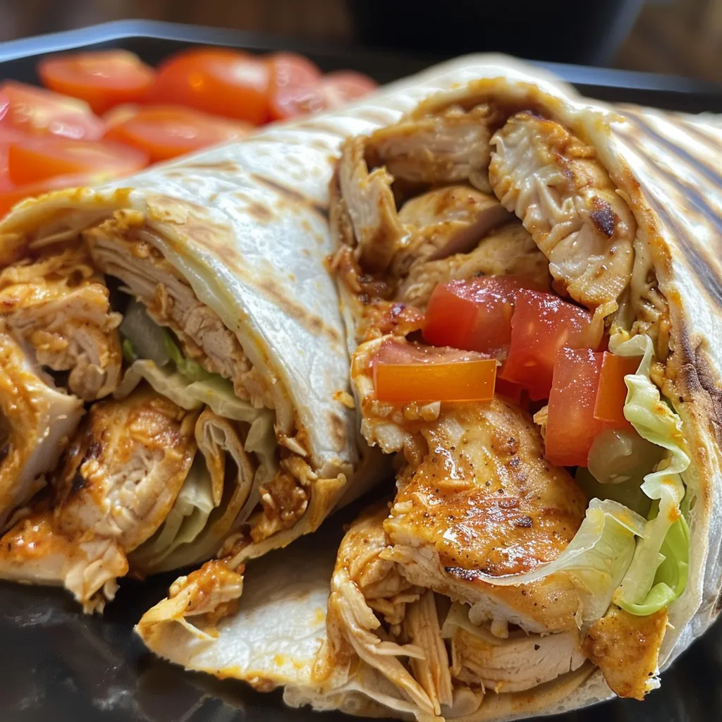 Un wrap de pollo crujiente con lechuga y tomate, visto desde un lado.