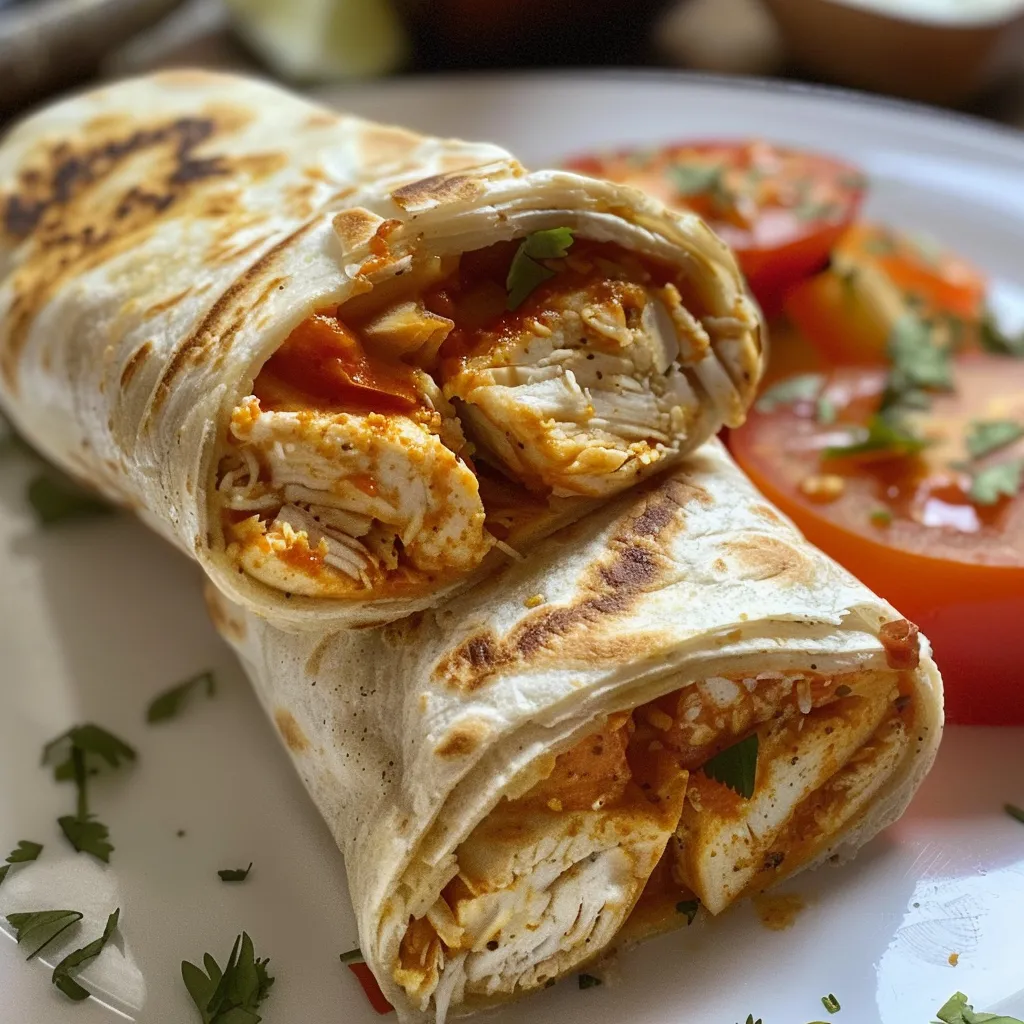 Close up de un wrap de pollo crujiente, mostrando la textura del pollo y los ingredientes frescos.