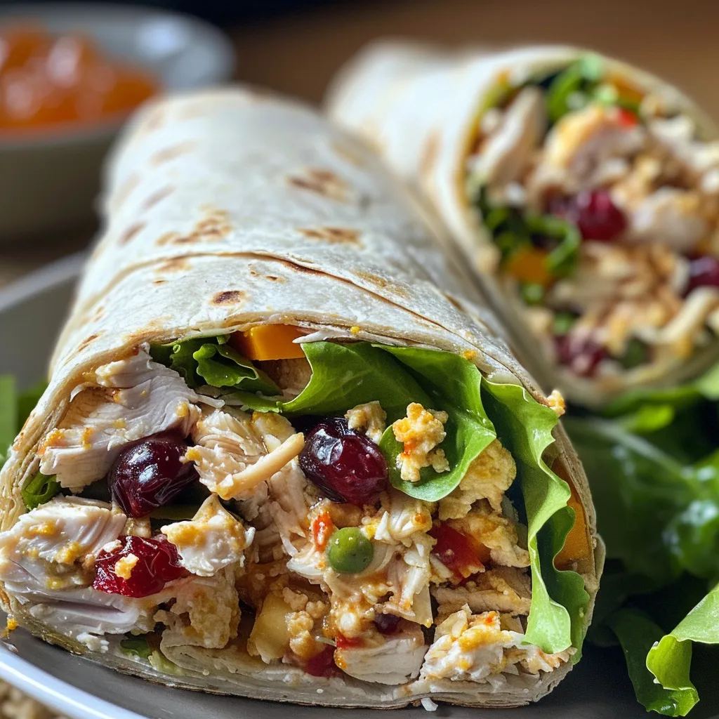 Primer plano de wraps de pollo con colores vibrantes y chutney de mango al lado.