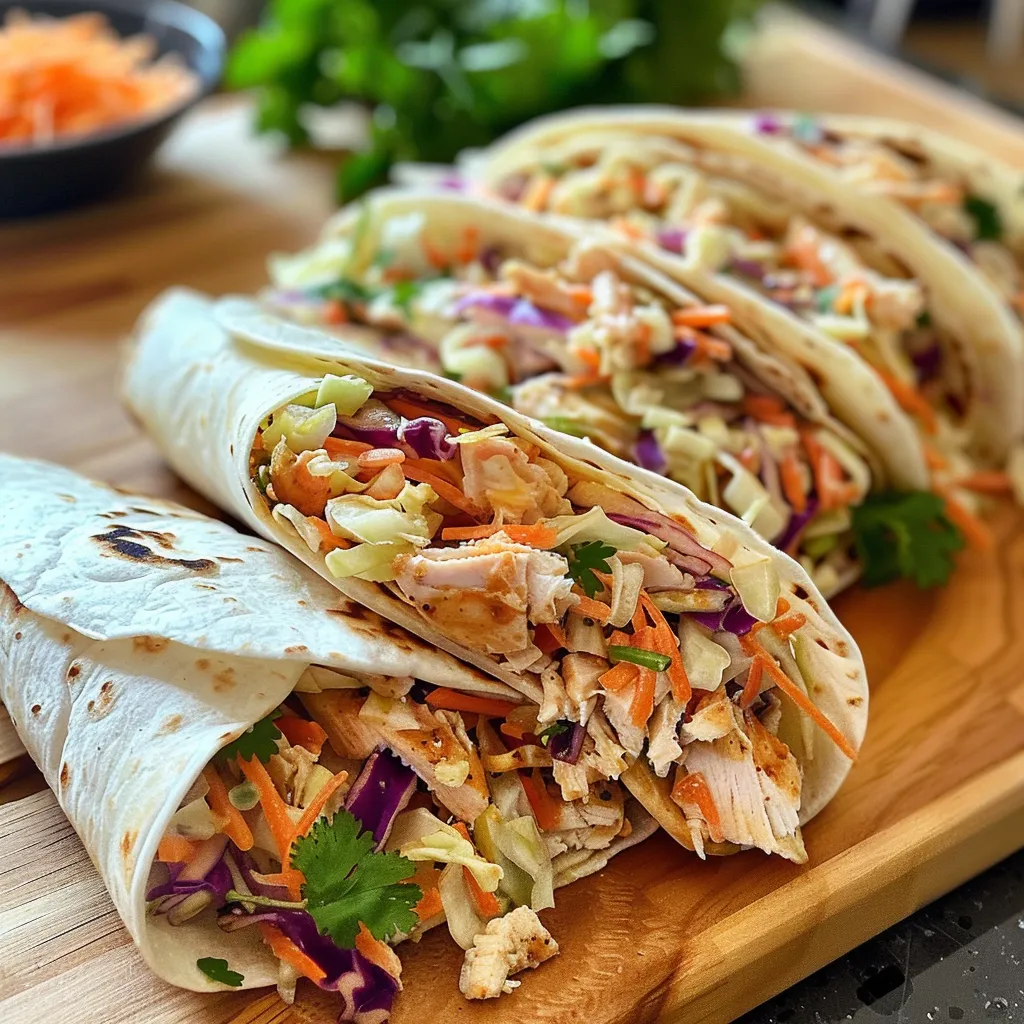 Un wrap de pollo BBQ jugoso con coleslaw, visto de lado.