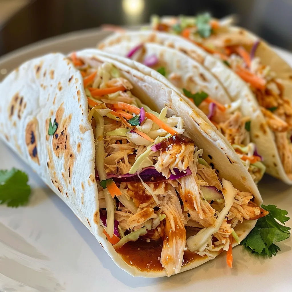 Close up de un wrap de pollo BBQ con ingredientes coloridos.