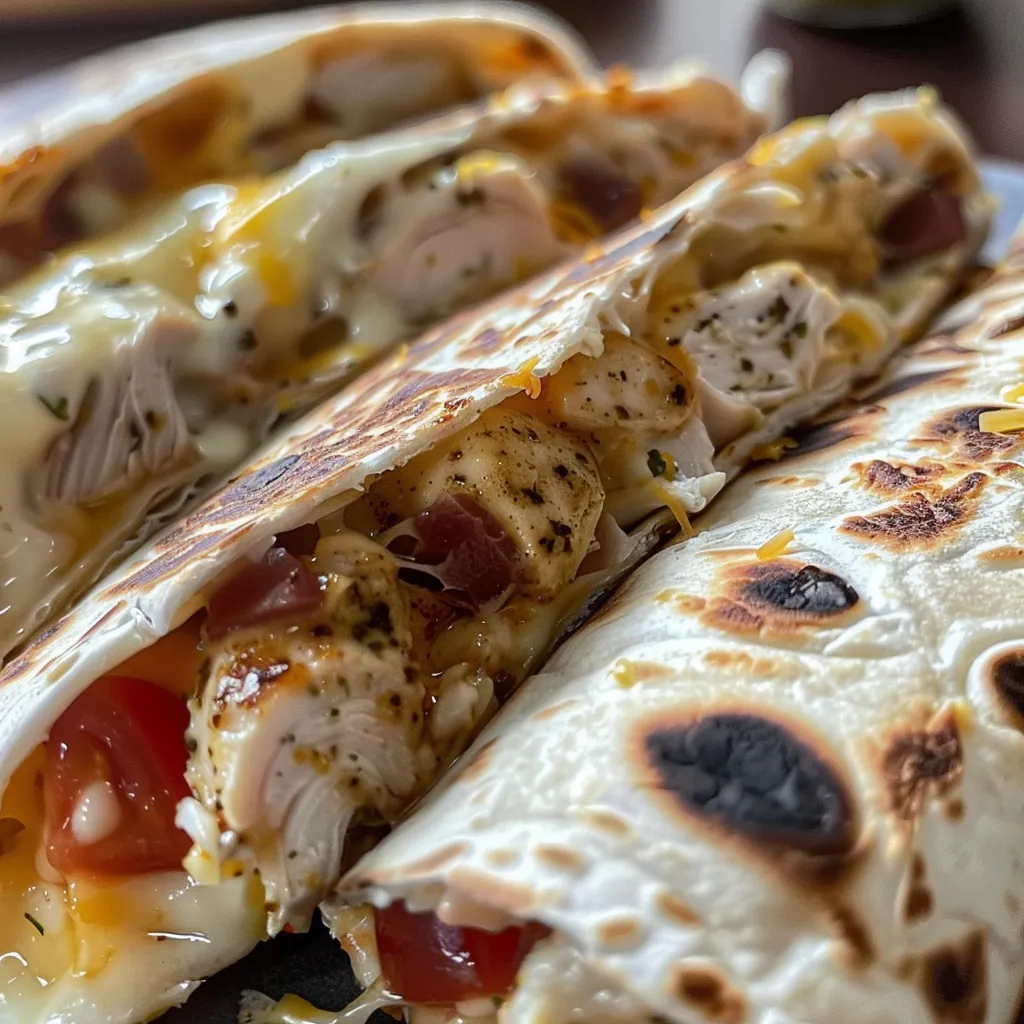Close-up of a crispy chicken wrap with cheese, lettuce, and tomato.