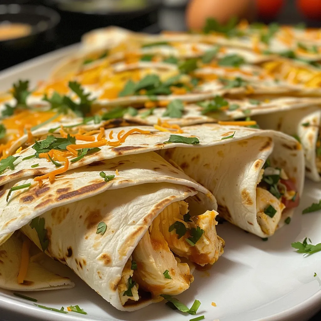 Side view of a delicious chicken wrap filled with fresh ingredients.