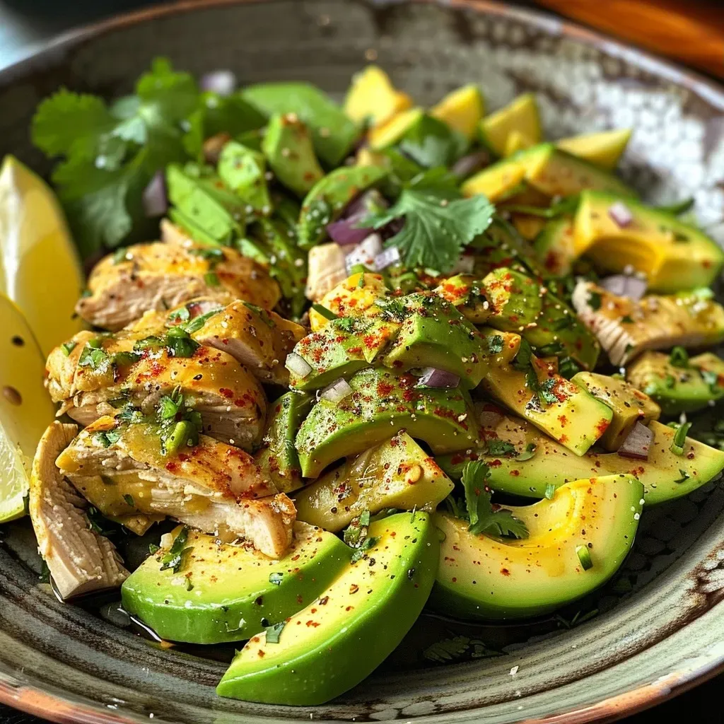 Close-up of avocado cubes mixed with shredded chicken.