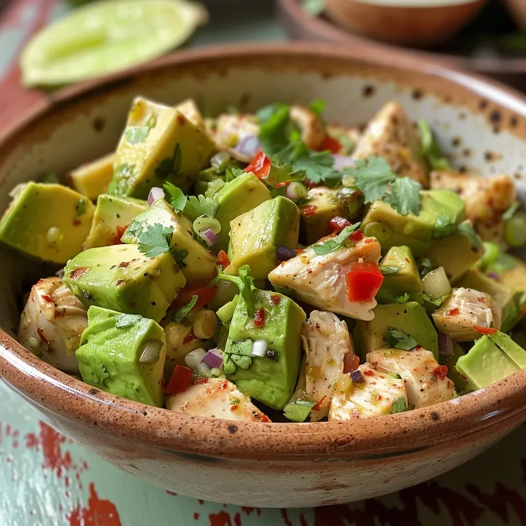 Side view of aguacate con pollo, highlighting its fresh ingredients.