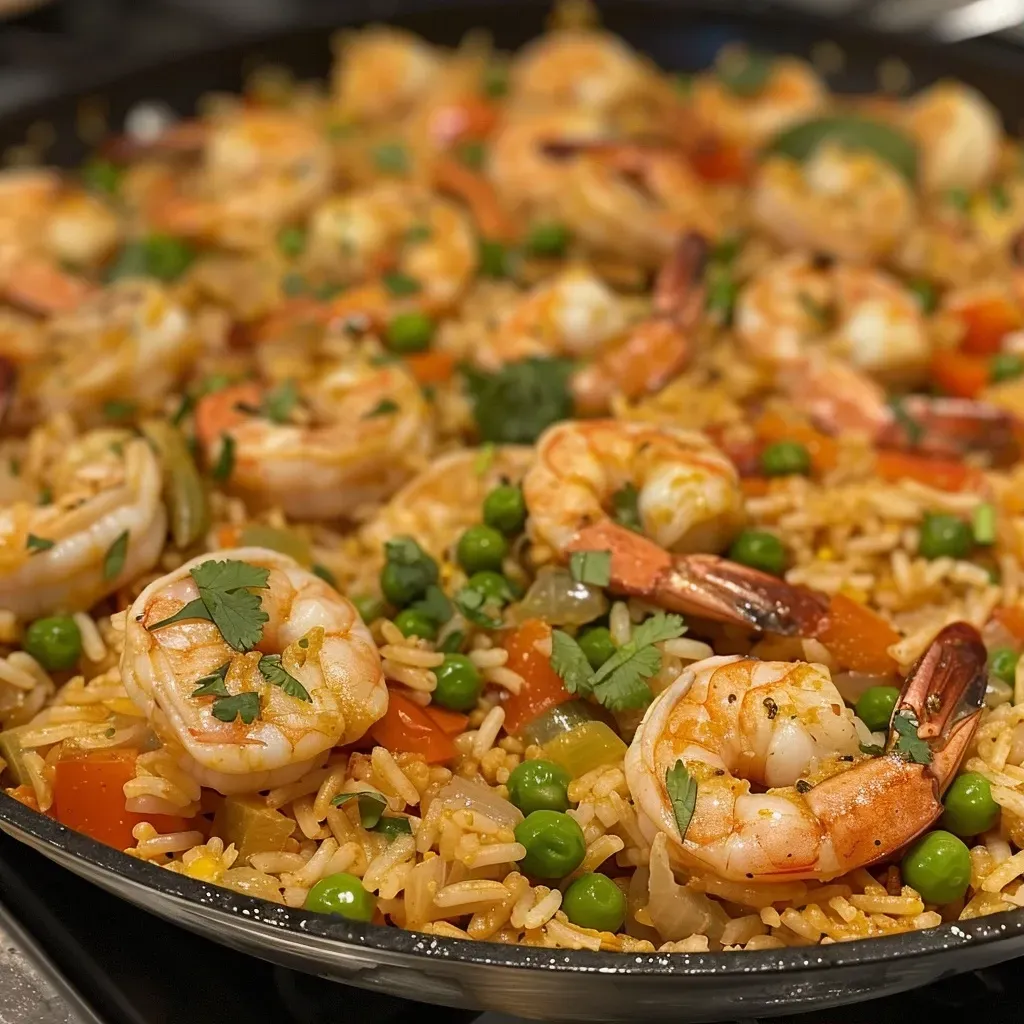 Close-up view of a vibrant coastal arroz con camarones with shrimp and vegetables.
