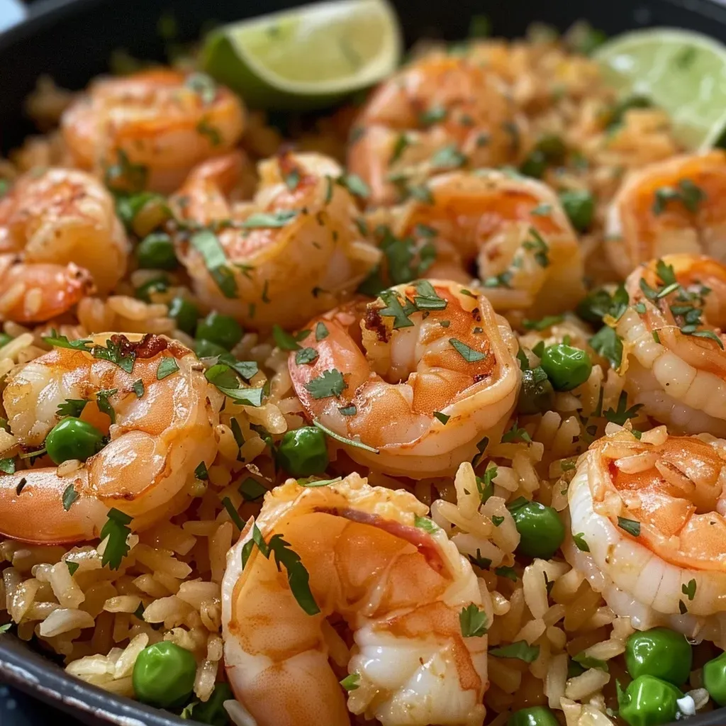 Detailed side view of coconut-infused arroz con camarones, showcasing shrimp and peppers.