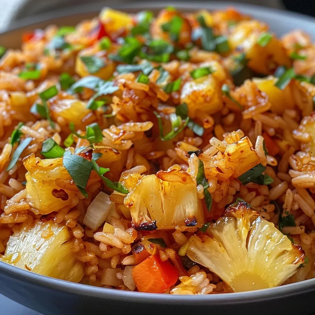Arroz frito con piña en un plato, mostrando trozos de piña y colores vibrantes.
