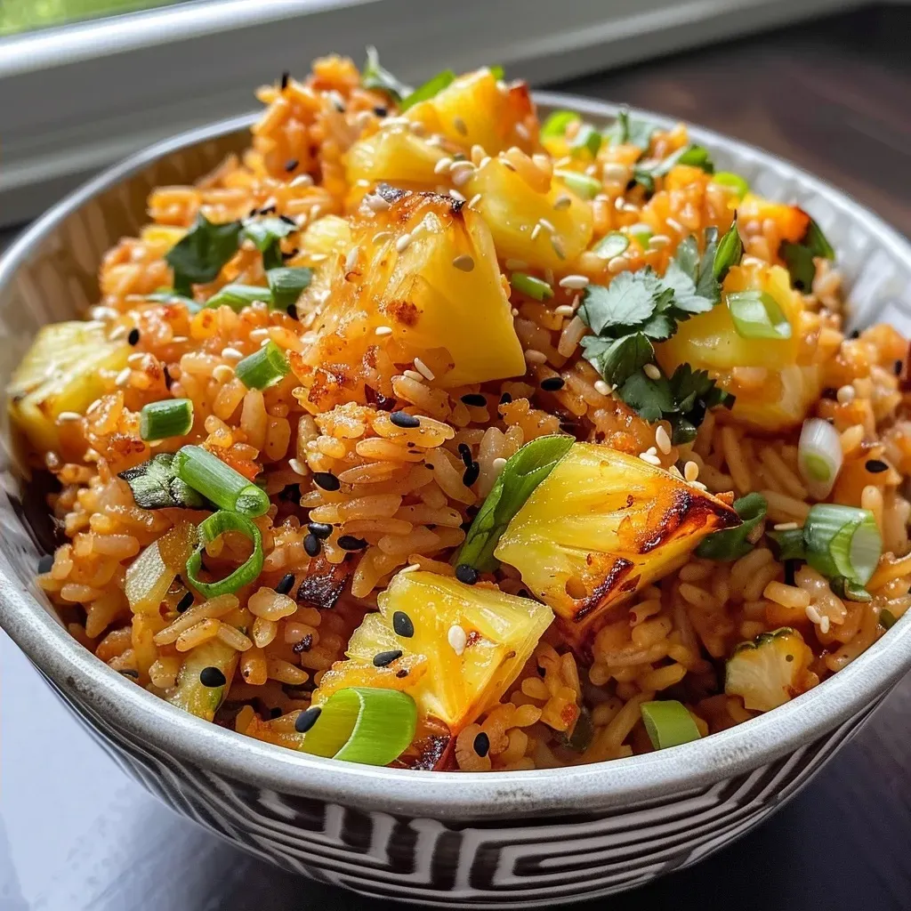Primer plano de un plato de arroz frito con piña, acompañado de verduras y huevos.
