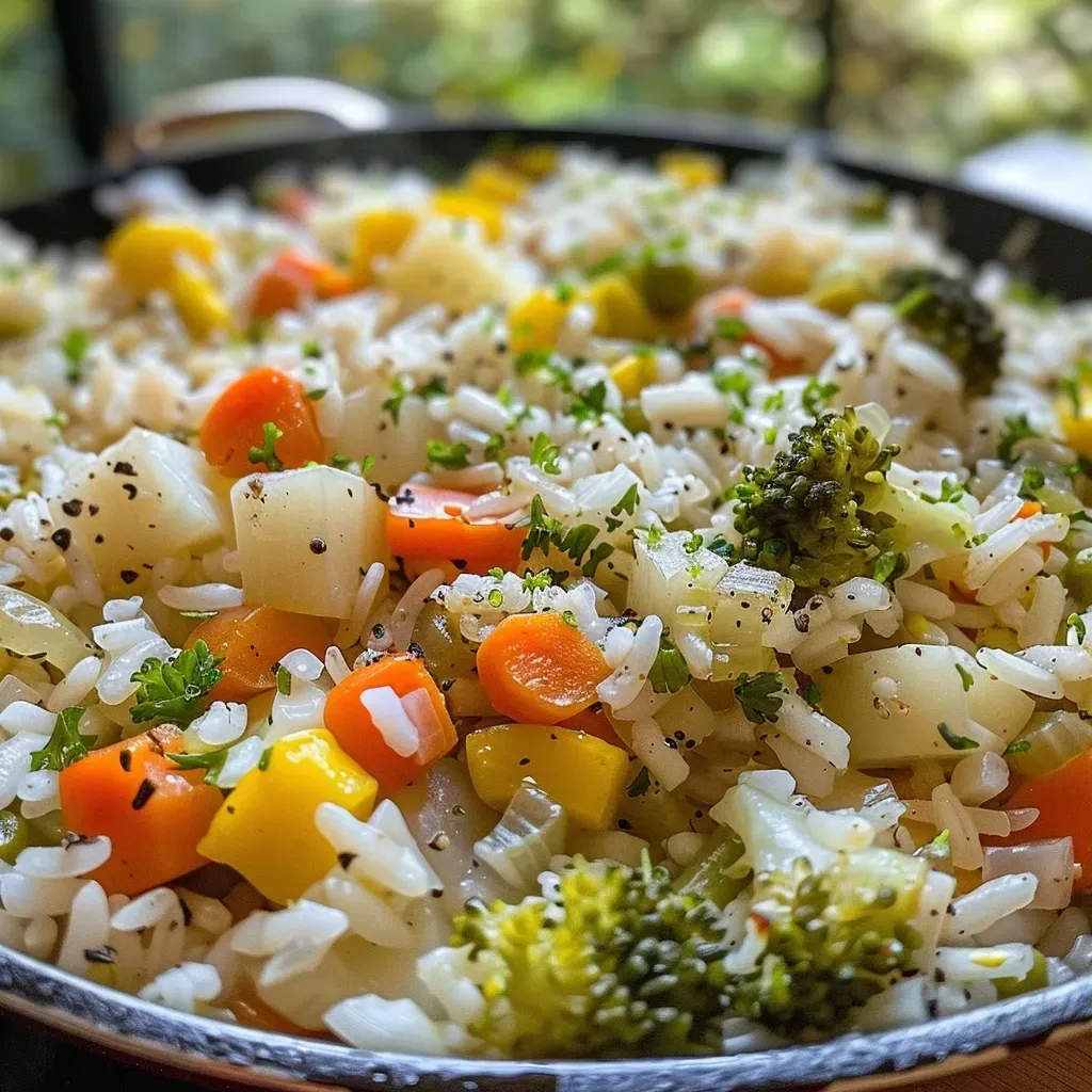 Un plato de Arroz Vegetal con verduras coloridas.