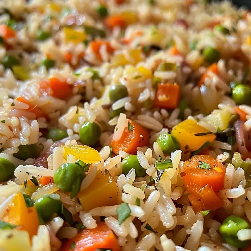 Close-up de arroz con verduras salteadas.