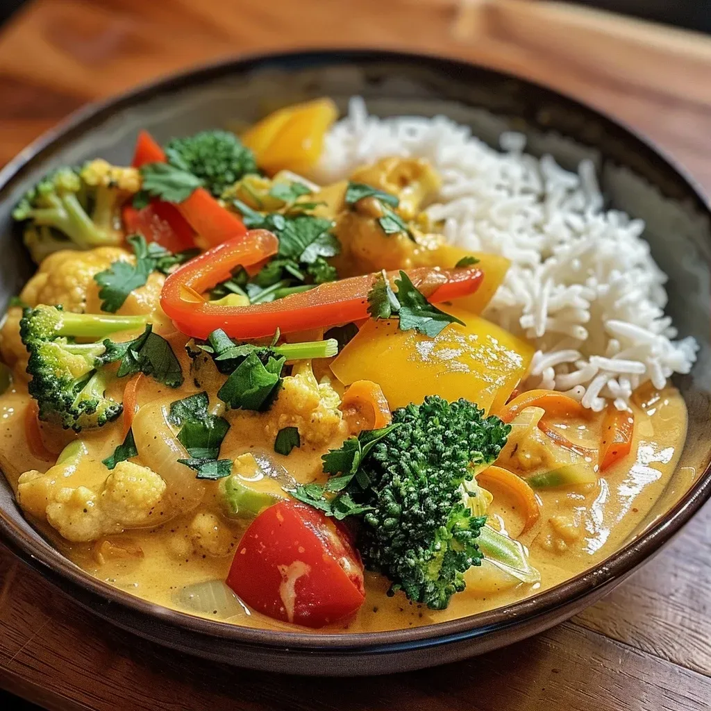 Curry tailandés vegano en un tazón, con verduras frescas y arroz.