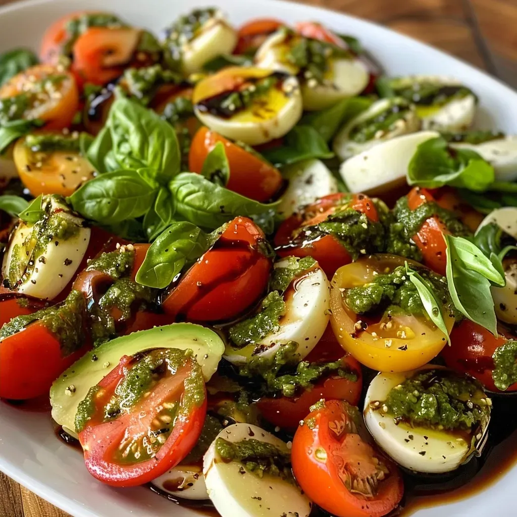 Plato de ensalada colorida con aguacate, tomates y glaseado balsámico.