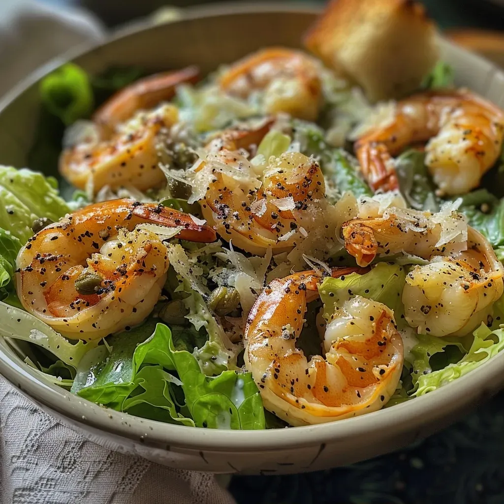 Ensalada César de Camarones fresca con lechuga romana, camarones jugosos y queso parmesano.