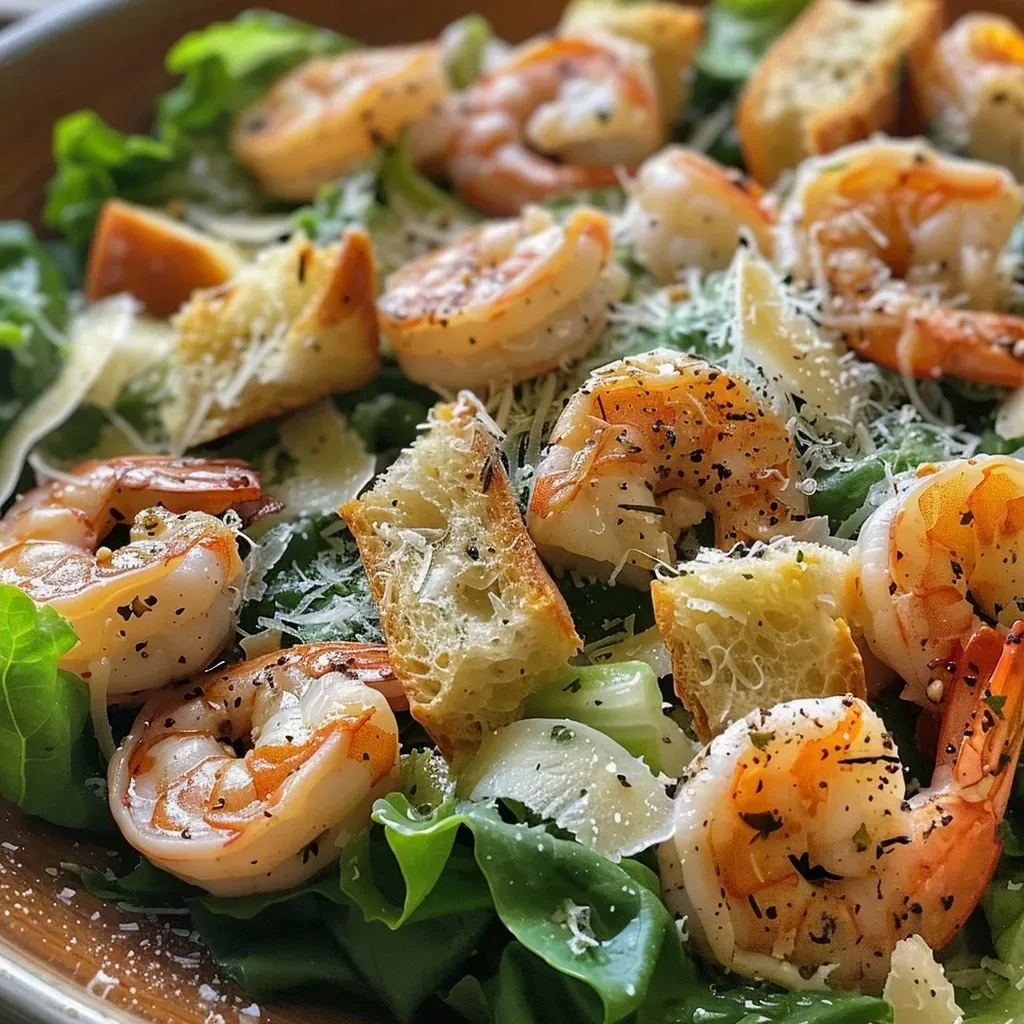 Primer plano de una ensalada César de camarones con aderezo cremoso y pan tostado.