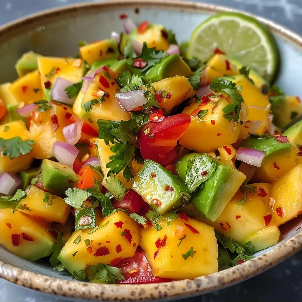 Ensalada de mango saludable con trozos de mango, aguacate y pimientos rojos.