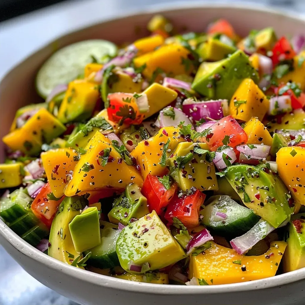 Primer plano de una colorida ensalada de mango con ingredientes frescos en un plato.