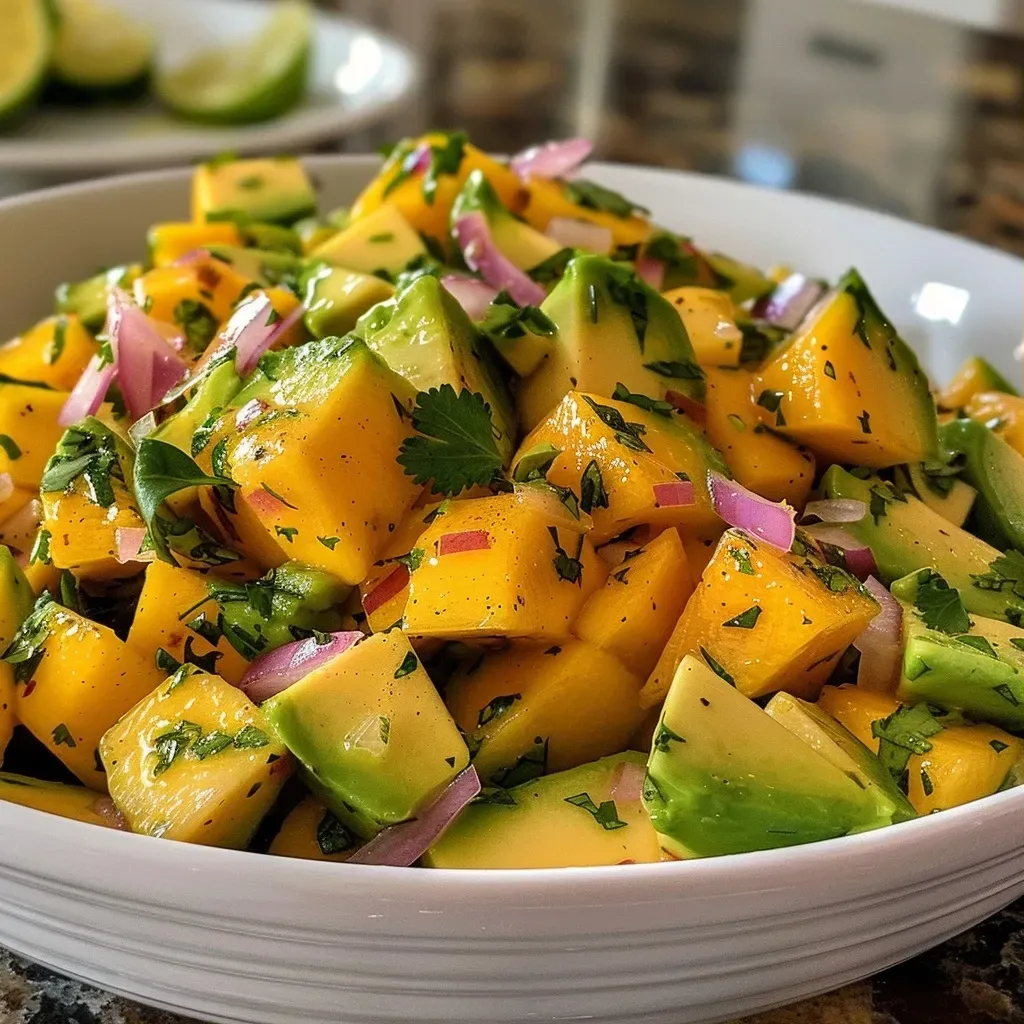 Ensalada de mango y aguacate en un plato blanco, mostrando cubos de mango y aguacate.