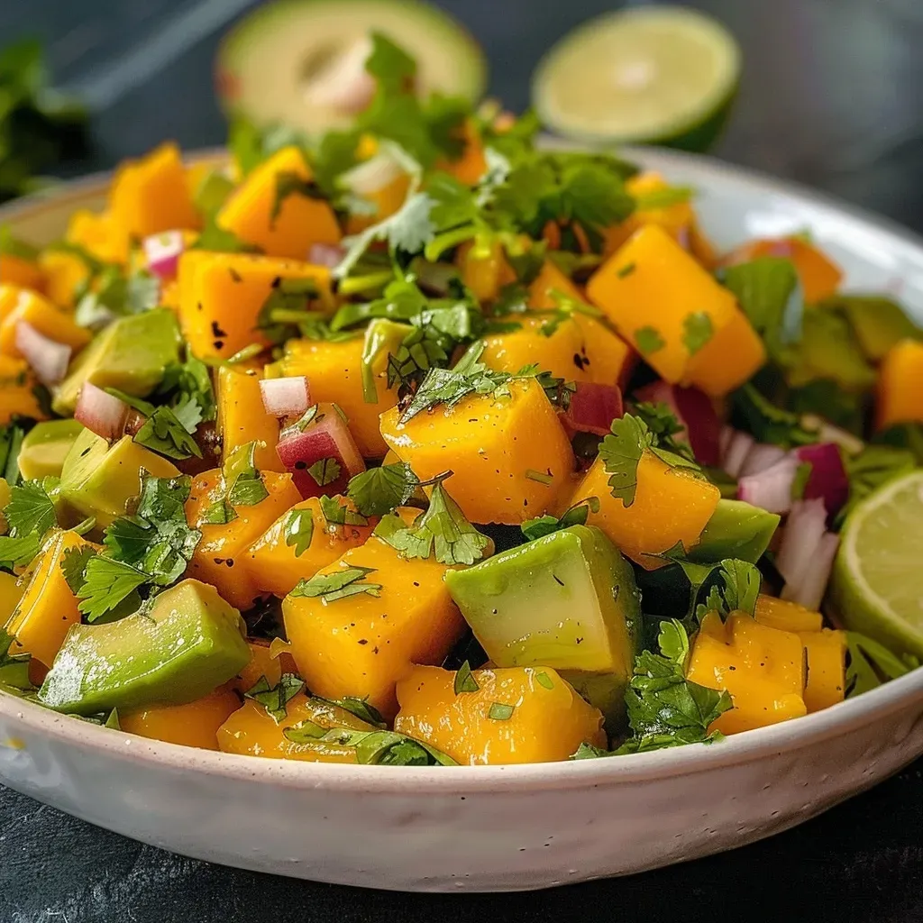 Primer plano de ensalada de mango y aguacate con ingredientes frescos.