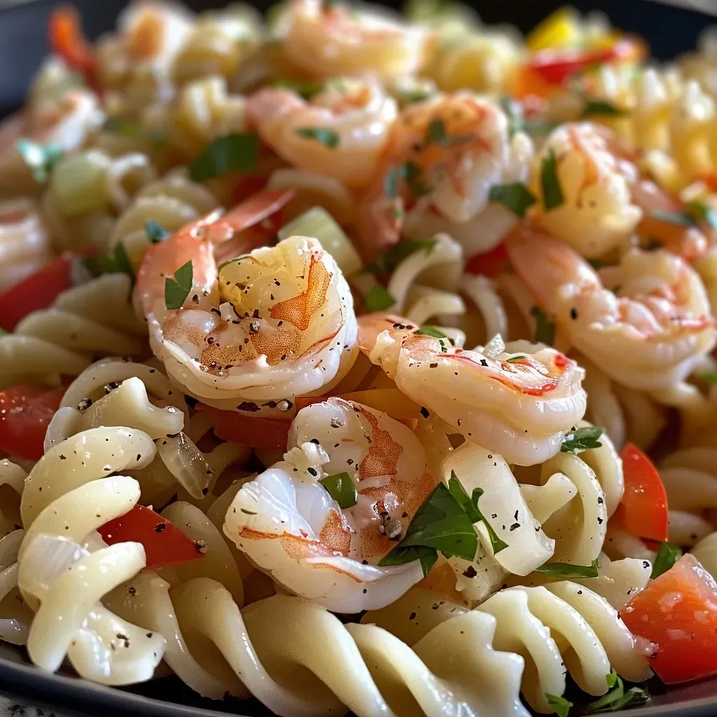 Ensalada de pasta con camarones en una vista lateral, mostrando ingredientes frescos y coloridos.