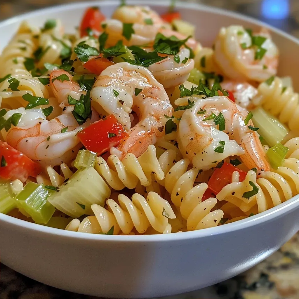 Primer plano de un plato de ensalada de pasta con camarones, con detalles de los colores de los pimientos y el aderezo cremoso.
