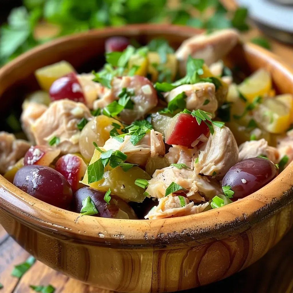 Ensalada de Pollo con Uvas en un plato, vista lateral, con ingredientes frescos y coloridos.