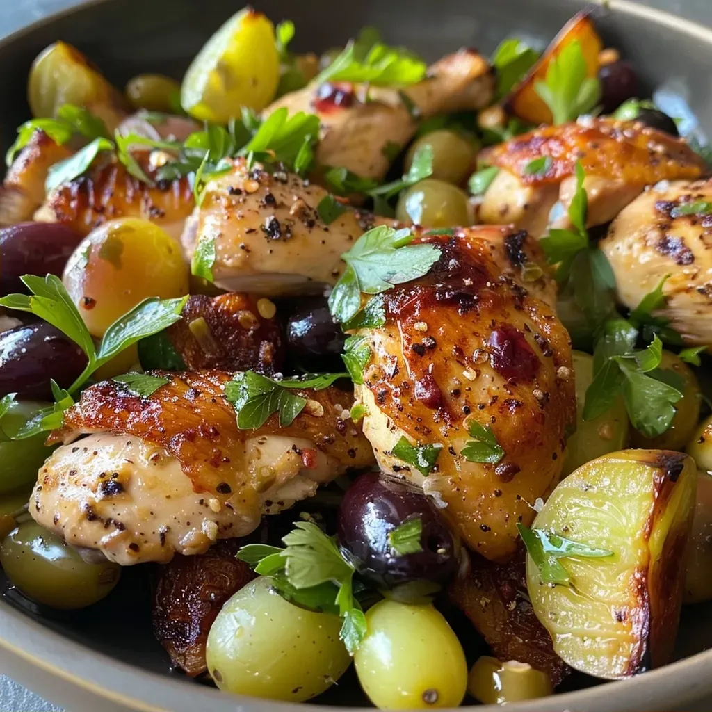 Primer plano de una ensalada de pollo y uvas, mostrando los colores vibrantes.