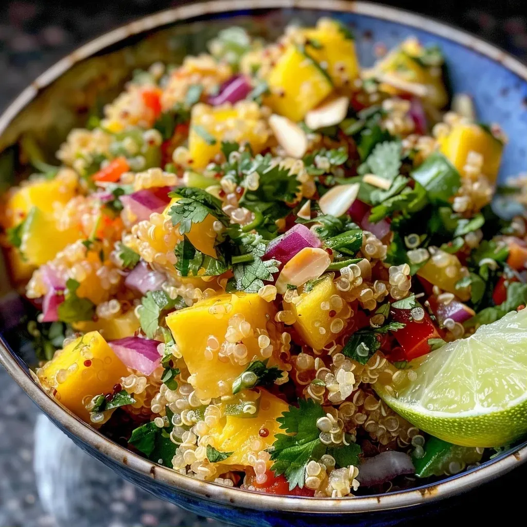 Ensalada de quinoa con mango y piña en un tazón colorido.